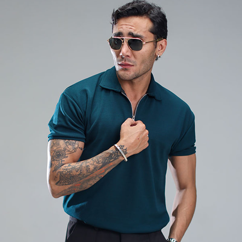 تیشرت مردانه یقه زیپ دار سبز مدل Arban