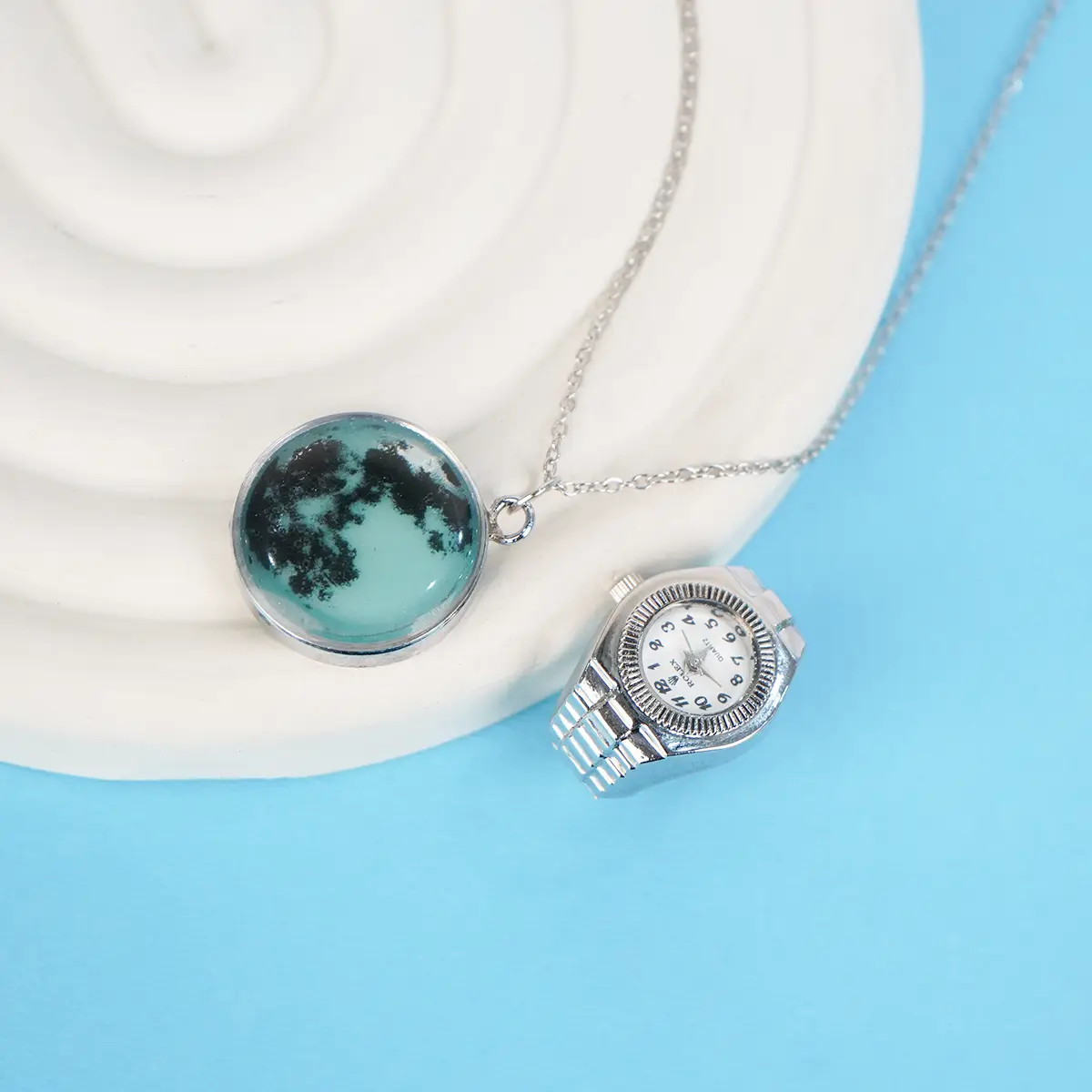 پکیج ساعت انگشتری استیلگردنبند ماه شب تاب