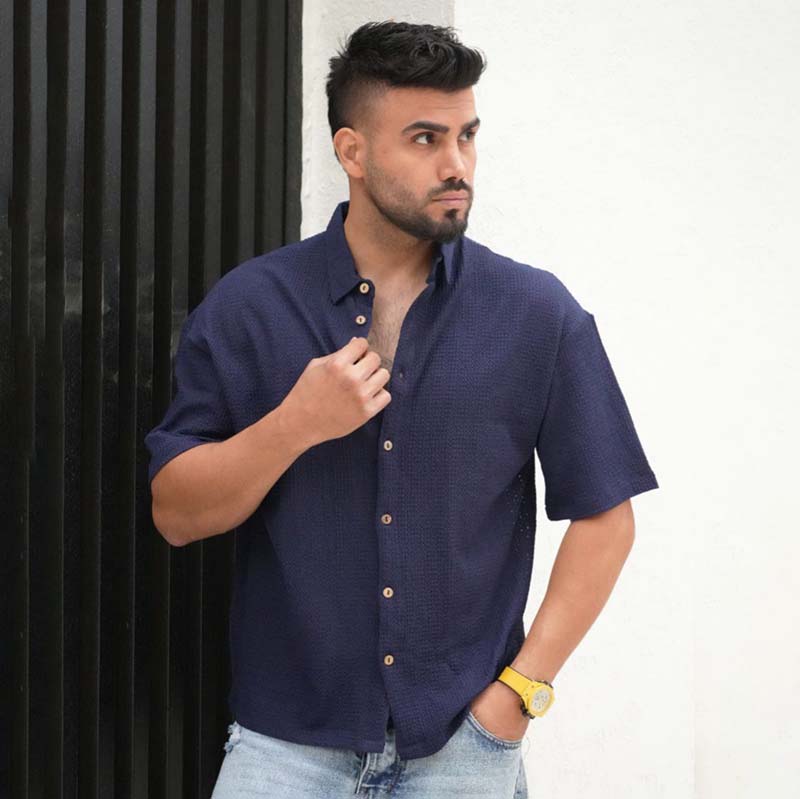 پیراهن مردانه باکسی سوزنی سرمه ای