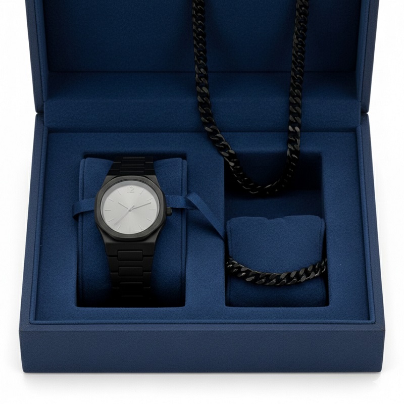 ست مردانه ساعت و دستبند و گردنبند solid black-مشکی